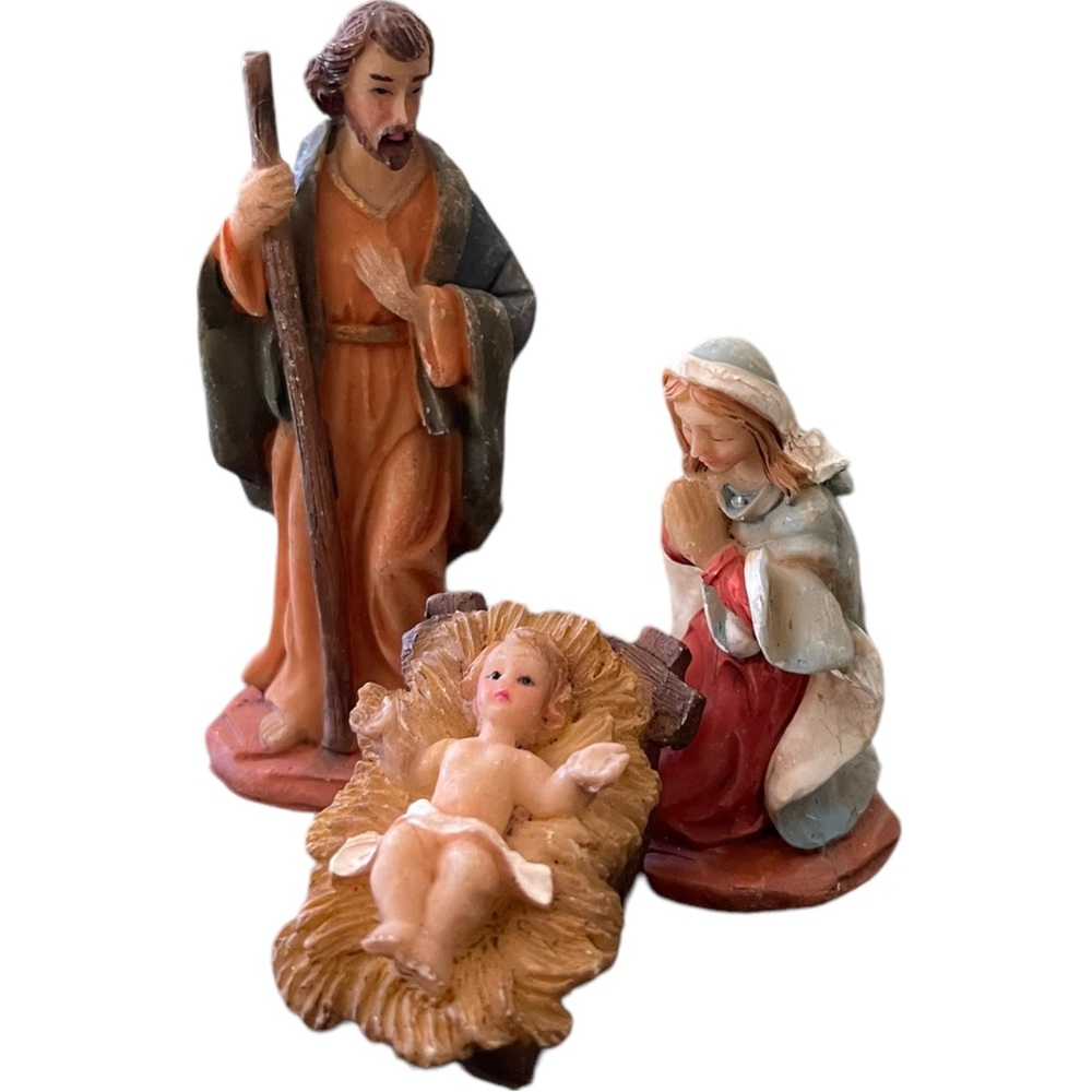 Vtg Autom 3.5” Holy Family Statue Mary Jesus Joseph resin Figurine